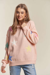 ADORA Whimsical Stars Pattern Drop Shoulder Sweater - Cozy & Trendy
