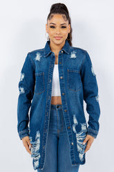 American Bazi Women's Distressed Denim Jacket - Button-Up Long Sleeve, 100% Cotton