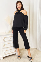 Elegant Grecian Cold Shoulder Long Sleeve Blouse - Perfect for Any Occasion