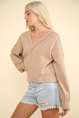 VERY J Women's V-Neck Ribbed Knit Top with Exposed Seams - Ideal Fall Layering Essential