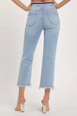 RISEN High Rise Raw Edge Crop Jeans - Stylish Denim with Modern Raw Hem