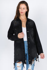American Bazi Distressed Frayed Hem Denim Jacket - Trendy Vintage Style