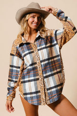 BiBi Women's Sequin Plaid Shacket - Stylish Curved Hem Button-Up Jacket