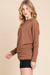 BOMBOM Drop Shoulder Long Sleeve Soft Rib Knit Top - Trendy & Comfortable