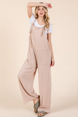 Stylish Ribbed Knot Strap Wide Leg Overalls with Pockets - BOMBOM