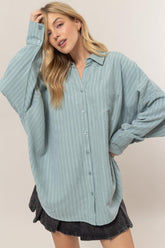 HYFVE Women's Oversized Striped Long Sleeve Button-Down Shirt - Timeless Elegant Fashion