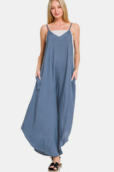Chic Zenana Spaghetti Strap Wide Leg Overalls with Functional Pockets
