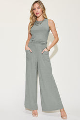 Trendy Ribbed Tank & Wide Leg Pants Set - Full Size, Stylish & Comfortable