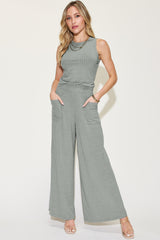 Trendy Ribbed Tank & Wide Leg Pants Set - Full Size, Stylish & Comfortable