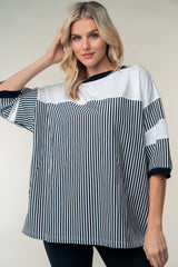 White Birch Women's Striped Contrast Round Neck Top - Fashionable Full Size