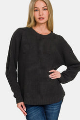 Zenana Women's High Low Long Sleeve Waffle Knit Sweater - Cozy & Chic
