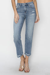 RISEN High Waist Distressed Cropped Jeans - Trendy Full Size Denim