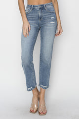 RISEN High Waist Distressed Cropped Jeans - Trendy Full Size Denim