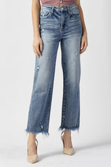 RISEN Women's High Waist Raw Hem Straight Jeans - Chic & Versatile Denim