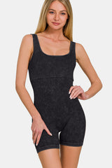 Zenana Washed Ribbed Romper with Padded Shoulders - Versatile Women's Fashion