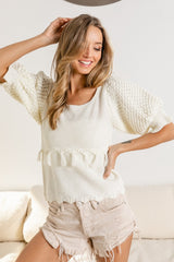 BiBi Tassel Detail Textured Square Neck Sweater - Stylish Short-Sleeve Knitwear