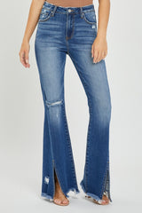 RISEN Full Size High Rise Flare Jeans with Front Slit & Frayed Hem