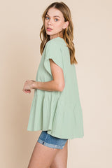 Cotton Bleu by Nu Lab Women's Ruched Notched Short Sleeve Cotton Blouse - Elegant & Versatile