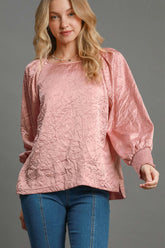 Umgee Women's Wrinkled Lantern Sleeve Blouse - Trendy Round Neck Top
