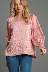 Umgee Women's Wrinkled Lantern Sleeve Blouse - Trendy Round Neck Top