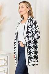 Elegant Houndstooth Open Front Longline Cardigan - Versatile Layering Piece