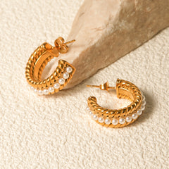 Elegant Stainless Steel Pearl C-Hoop Earrings - 18K Gold-Plated