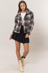 HYFVE Women's Chic Plaid Boucle Jacket with Collared Neck and Pockets