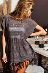 BiBi Fringed Hem Short Sleeve Knit Top - Bohemian Style, 100% Cotton