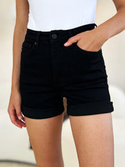 Judy Blue Full Size High Waist Tummy Control Cuffed Denim Shorts - Flattering Summer Style