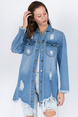 Trendy American Bazi Distressed Frayed Hem Denim Jacket - Edgy Vintage Style