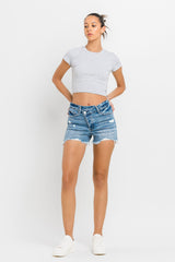 Lovervet Women's Stepped Waist Raw Hem Denim Shorts – Trendy Summer Essential