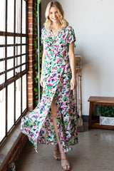 First Love Slit Printed Surplice Tie Waist Short Sleeve Dress - Trendy & Versatile Women's Fashion