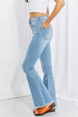 Vibrant MIU Jess High Rise Flare Jeans - Retro Distressed Denim with 5-Button Fly