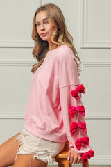 BiBi Velvet Ribbon Bow Long Sleeve Sweatshirt - Elegant Women's Top with Round Neck