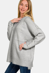 Zenana Cozy High-Low Hem Drop Shoulder Sweater with Pockets