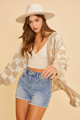 Annie Wear Women's Checkered Open Front Drop Shoulder Cardigan - Trendy Knitwear