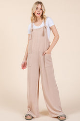 Stylish Ribbed Knot Strap Wide Leg Overalls with Pockets - BOMBOM