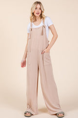 Stylish Ribbed Knot Strap Wide Leg Overalls with Pockets - BOMBOM