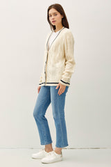 Trendy Contrast Trim Cable-Knit V-Neck Cardigan - Elegant & Fashionable
