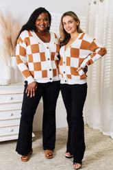 Chic Checkered V-Neck Button-Up Cardigan with Dropped Shoulders