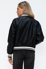 Love Me Now PU Leather Snap Down Bomber Jacket - Trendy, Edgy, and Sporty Style