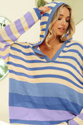 BiBi Striped Color Block Hooded Knit Top - Cozy & Stylish Casual Wear