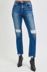 RISEN Women's High Rise Distressed Crop Straight Jeans - Trendy Denim