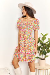 Floral Smocked Sweetheart Neck Mini Dress with Flounce Sleeves