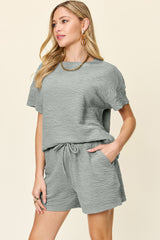 Trendy Full-Size Textured T-Shirt & Shorts Set with Pockets - 2-Piece, Stretchy