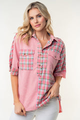Chic White Birch Plaid Color Block Half Button Top for Women