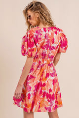 BiBi Floral V-Neck Puff Sleeve Mini Dress - Elegant & Playful Style