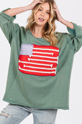 SAGE + FIG Patriotic American Flag Patch Cotton T-Shirt - Drop Shoulder Style