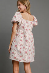 Umgee Heart Jacquard Mini Dress with Square Neck & Puff Sleeves - Romantic Style