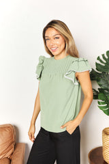 Stylish Pleated Detail Flutter Sleeve Blouse - Casual & Versatile